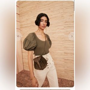 Ulla Johnson Ribbed Puff Sleeve Harlowe Top Military Melange Green